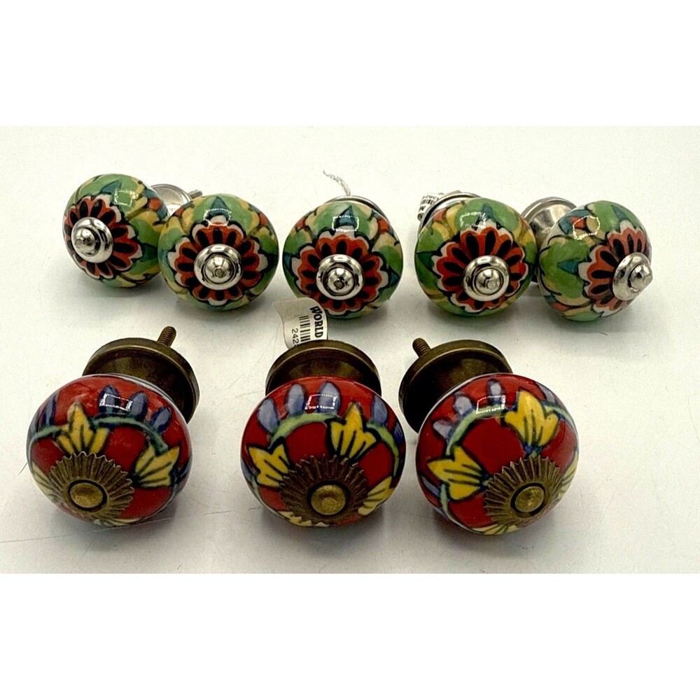 Ceramic Colorful Boho Flower Cabinet Drawer Pull Knobs World Market Lot Of 8